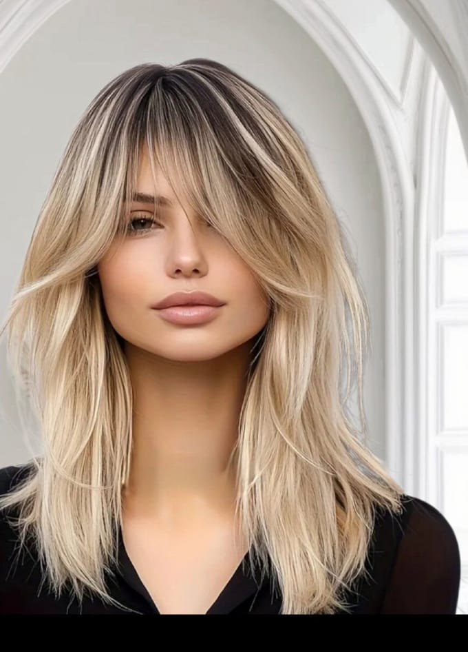 Frazimashop-Ombre Blonde – Steile Damespruik met Pony – Wasbaar – Hittebestendig – 45 cm