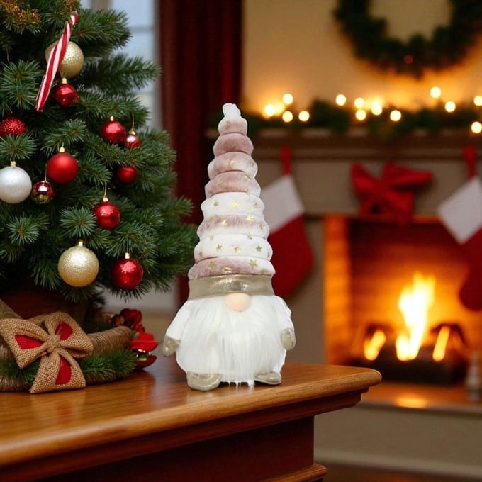 Kerstgnoom met verlichte neus 34 cm - Roze -Kerstdecoratie