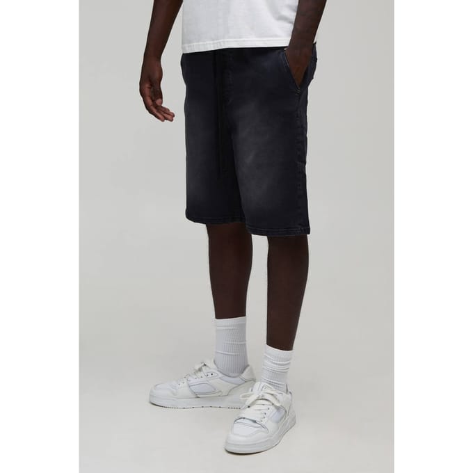 Denim Short Met Stretch En Verlengd Trekkoord | Washed Black | Size XS