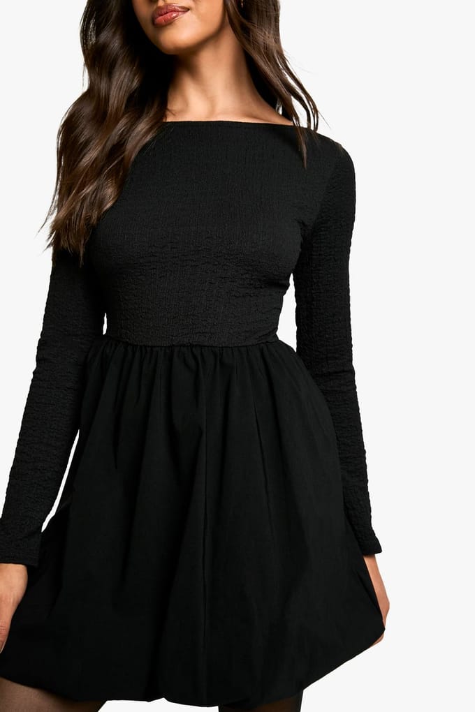 boohoo Dames Texture Lange Mouw Volume Rok Mini Jurk | Black | Maat: 10