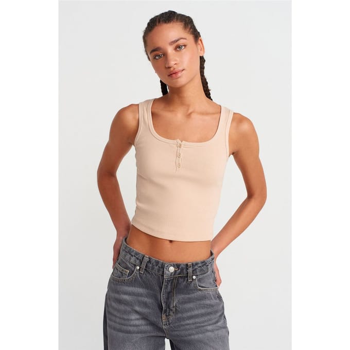 Dames Geribbelde Korte Knop-top Blouse