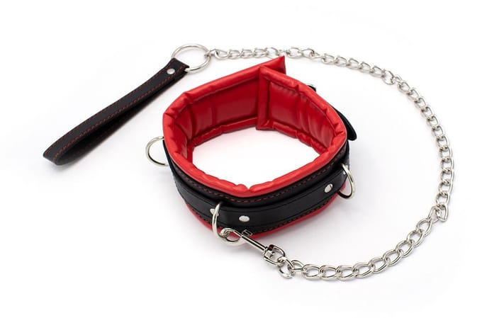 Kiotos Leather - Zwarte Leren collar Met rode voering En leash