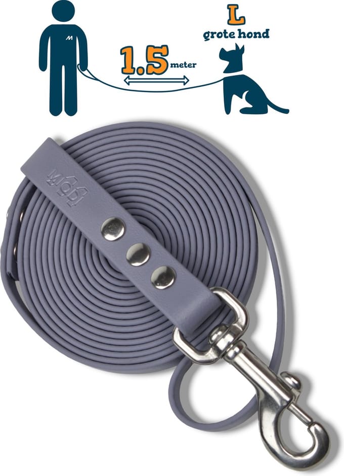 Miqdi hondenriem – BioThane® - grijs – 1.5 meter lang – 19mm breed – L/XL - grote hond
