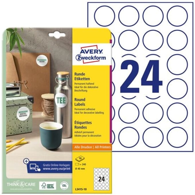 Etiket Avery 40mm rond wit 10 vel 24 etiketten per vel