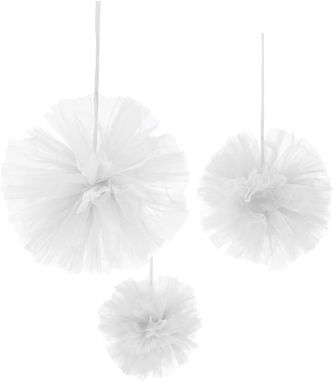 HOBI - 3 Pompons om op te hangen in witte tule 15, 20 en 30 cm