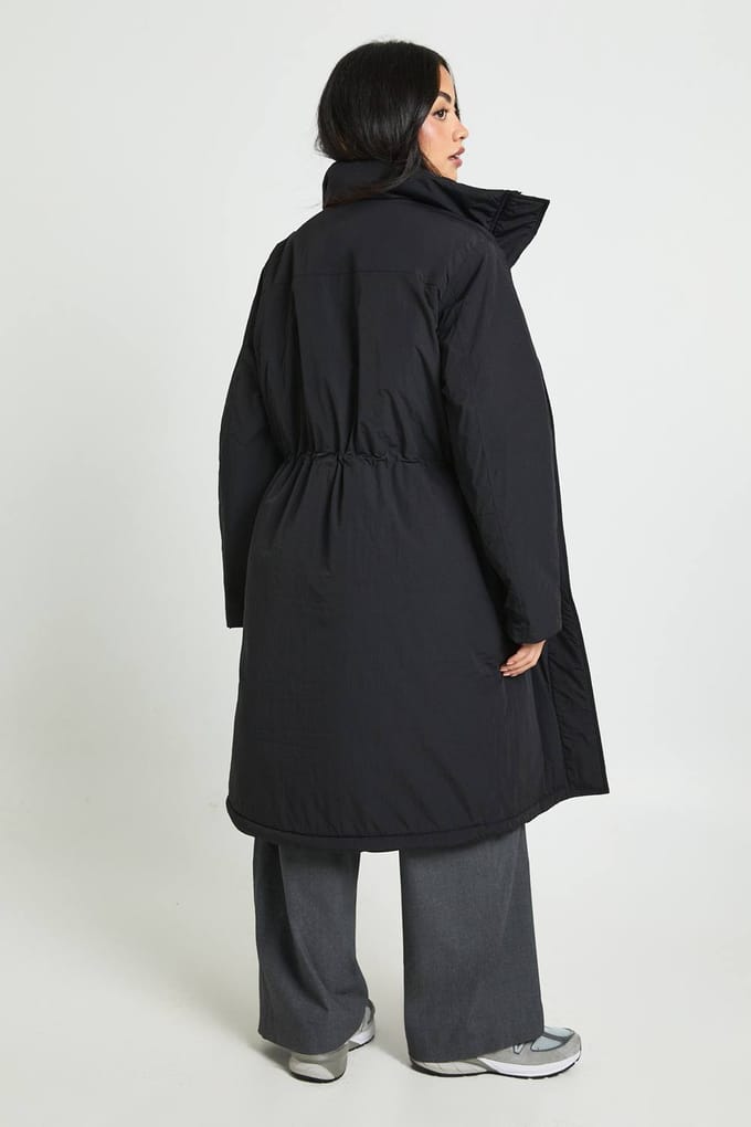 boohoo Dames Cinched Waist Longline Parka | Black | Maat: 10