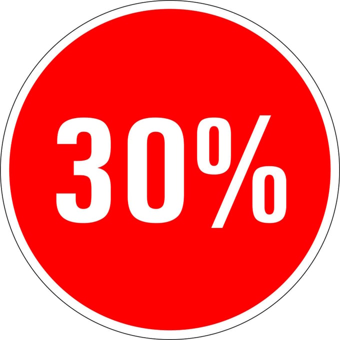 Korting sticker 30% op vel 30 mm - 18 per vel