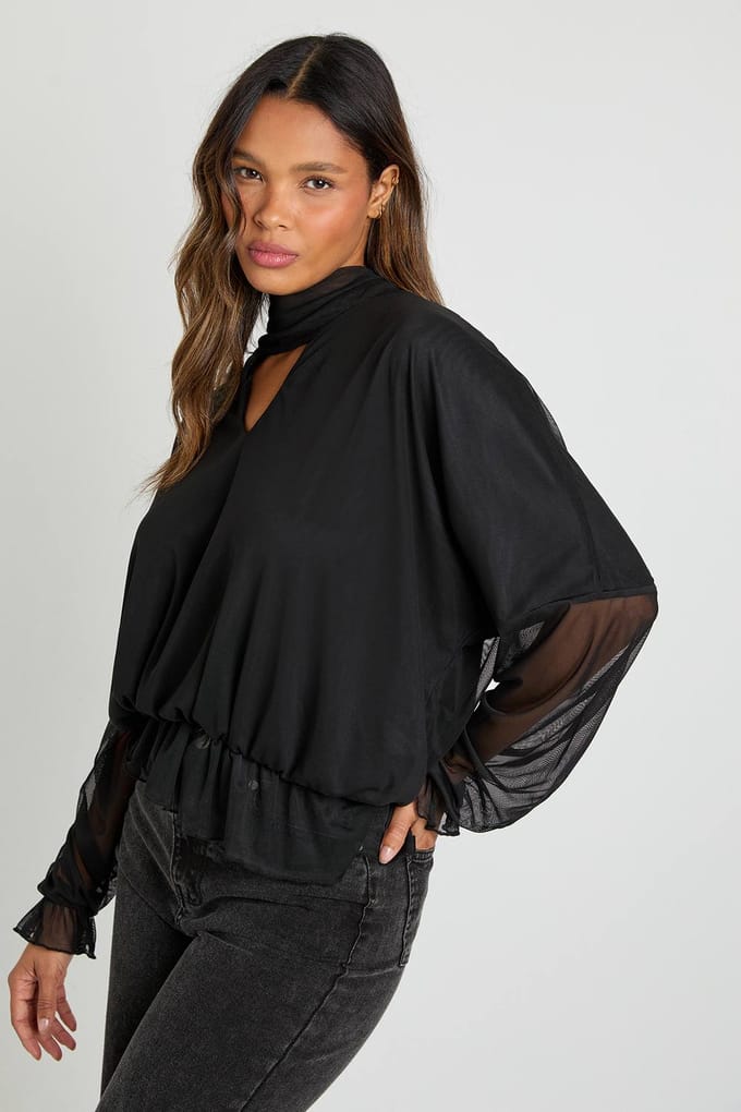 boohoo Dames V-hals mesh blouse met sjaal | Black | Maat: 10
