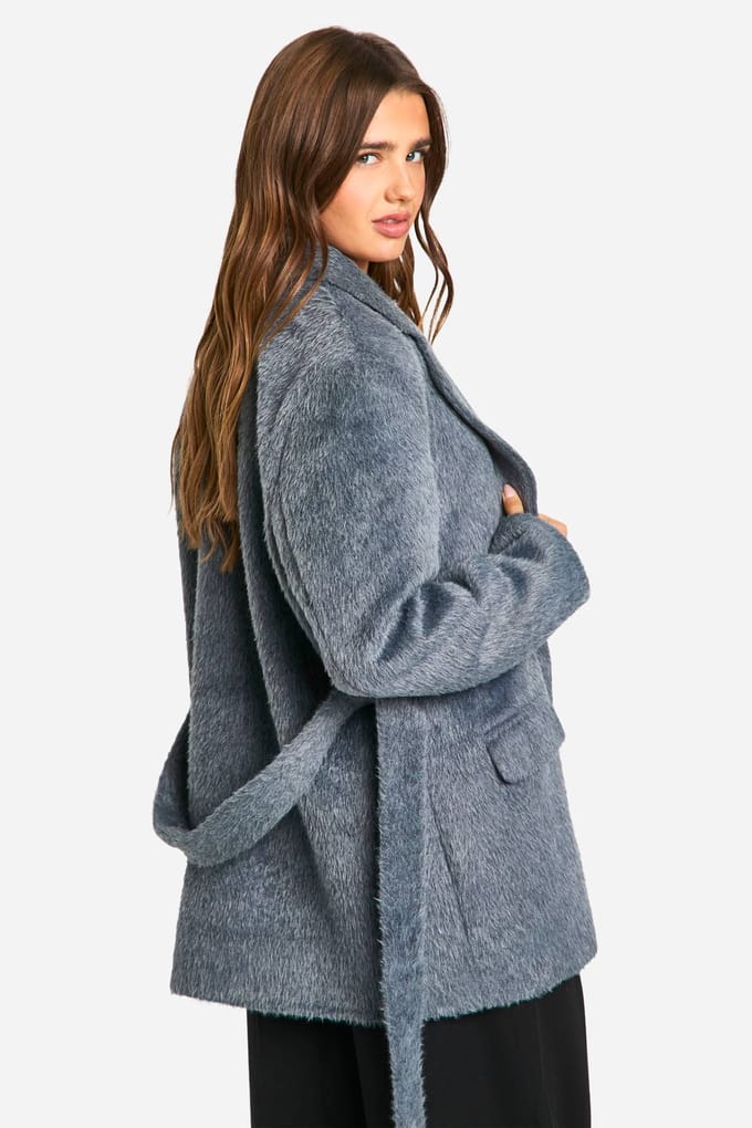boohoo Dames Belted Wool Look Coat | Grey | Maat: 12