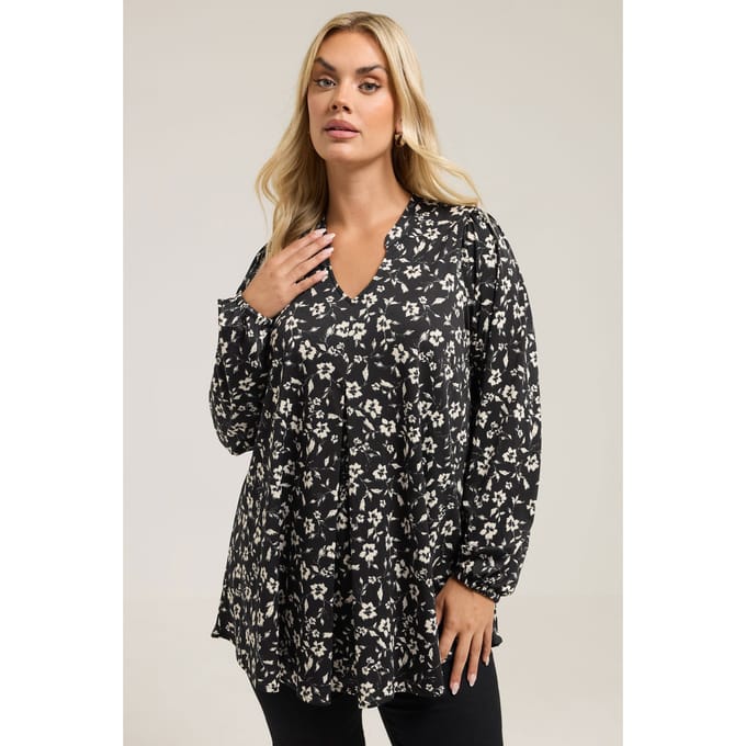 Yours Zwarte Top Met Bloemenplooien Aan De Voorkant Size 44