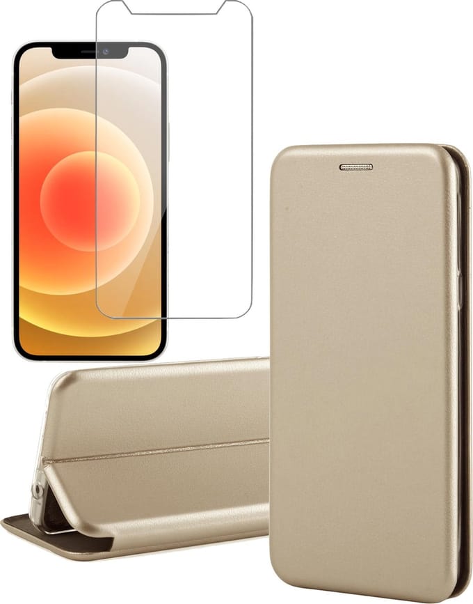 Hoesje geschikt voor iPhone 12 Pro Max - Screen Protector GlassGuard - Book Case Kunstleer ThinShield Goud & Screenprotector