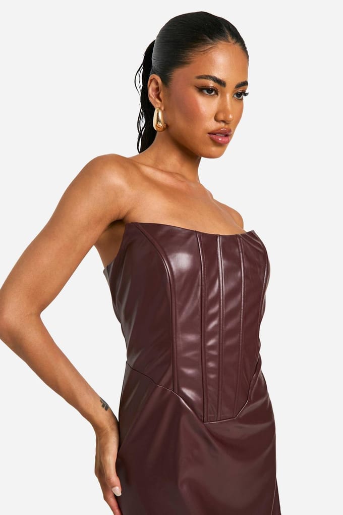 boohoo Dames Kunstleren Korset Midaxi-jurk | Chocoladebruin | Maat: 36