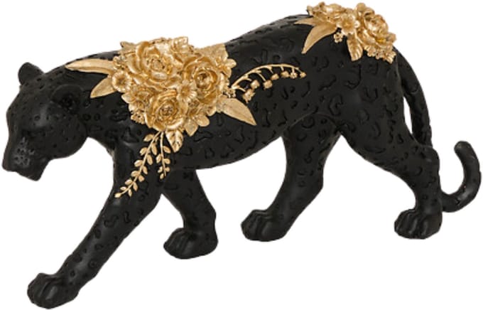 Atmosphera Beeldje Panter / luipaard - rozen - 40 cm - polyresin - zwart / goud - decoratie dieren beeld