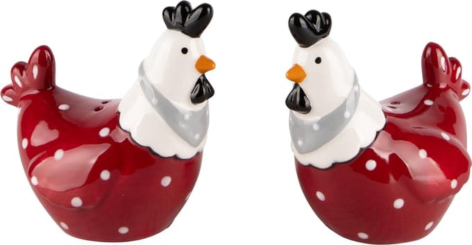 Dekoratief | Duo peper/zout kippetjes, rood/wit, keramiek, 9x6x9cm | A240072