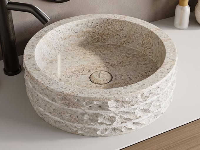 Vente-unique Opzetwastafel in marmer - Crème - Ø40 cm - CIRILA