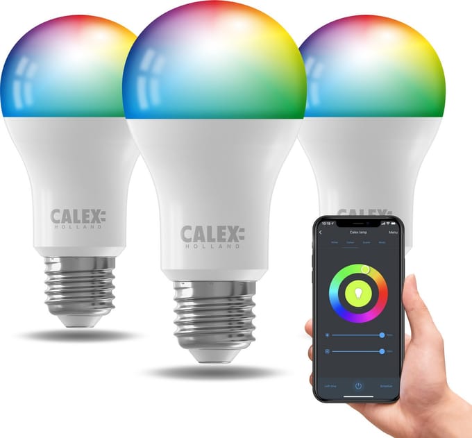 Calex Smart LED Lamp E27 - RGB + instelbaar wit licht - dimbaar - Wifi met Bluetooth Mesh gateway - app- en spraakbediening - 3-pack