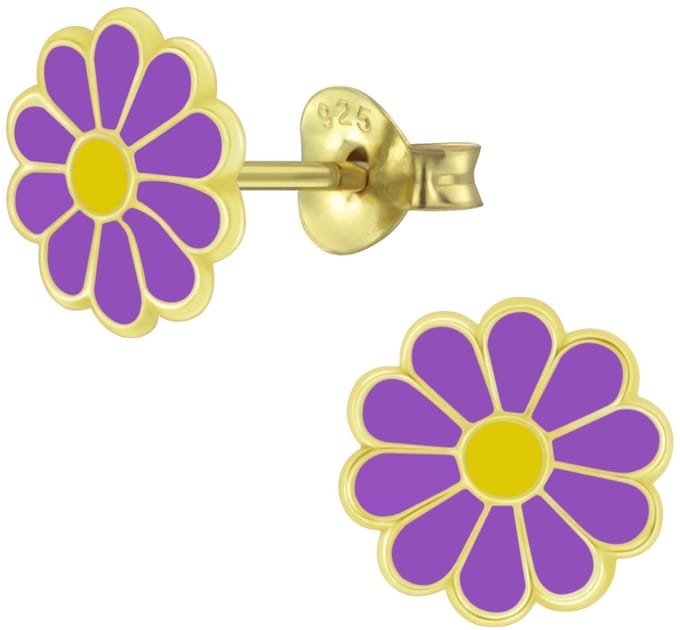 Joy|S - Zilveren madelief bloem oorbellen - paars - gold plated