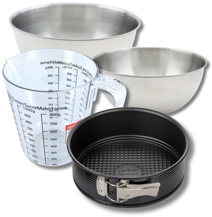 Bakkersset met 20 cm springvorm, 2 mengkommen, maatbeker en spatel Zenker