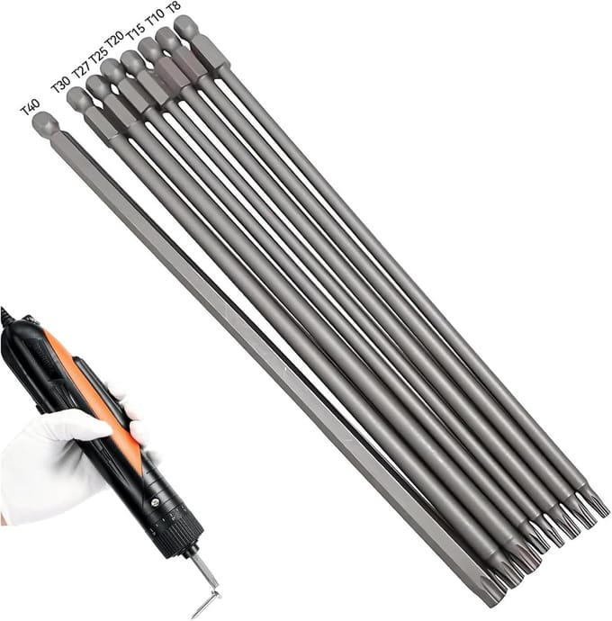 200 mm Torx Schroevendraaier Sets, 8 Stuks Langes Schroevendraaierbits 1/4'' Zeskantige Schroefmoerbits, Magnetische Torx-bitset T8-T40, S2 Stalen Slagmoerbits