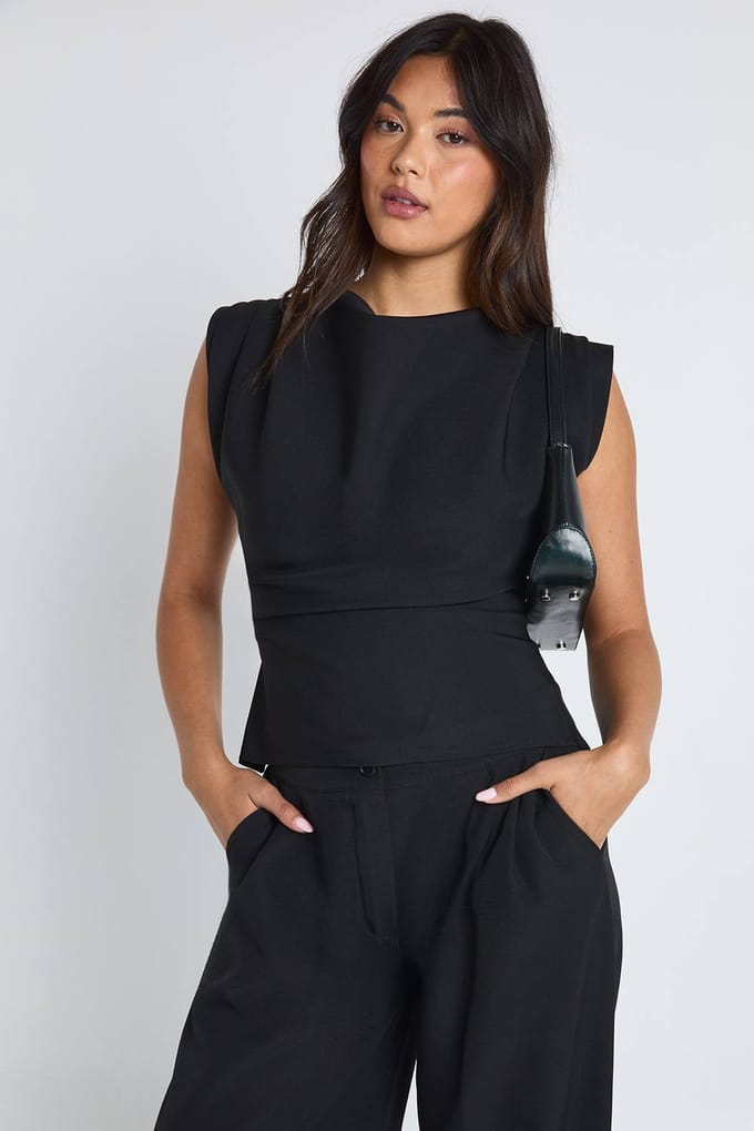 boohoo Dames Geplooide ingesnoerde top & palazzo-broek co-ord | Zwart | Maat: 42