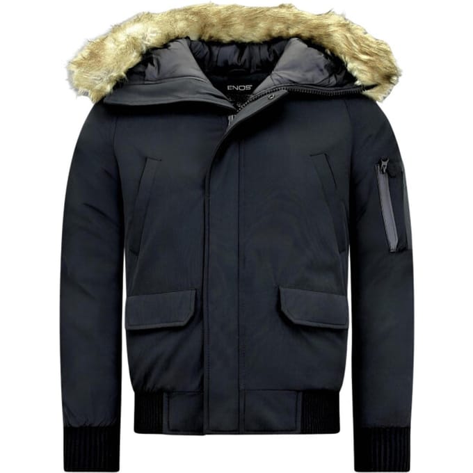 Heren Winterjassen - Gewatteerde Jassen - Korte Heren Winterjas - Met Faux Bontkraag - 8821 - Zwarte Jas
