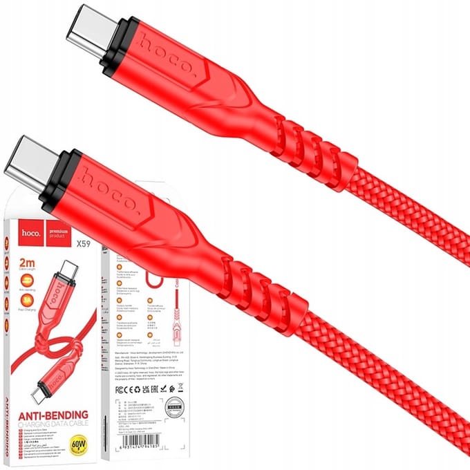 Hoco X59 Victory USB-C naar USB-C Kabel 2M 60W PD Snelladen Nylon