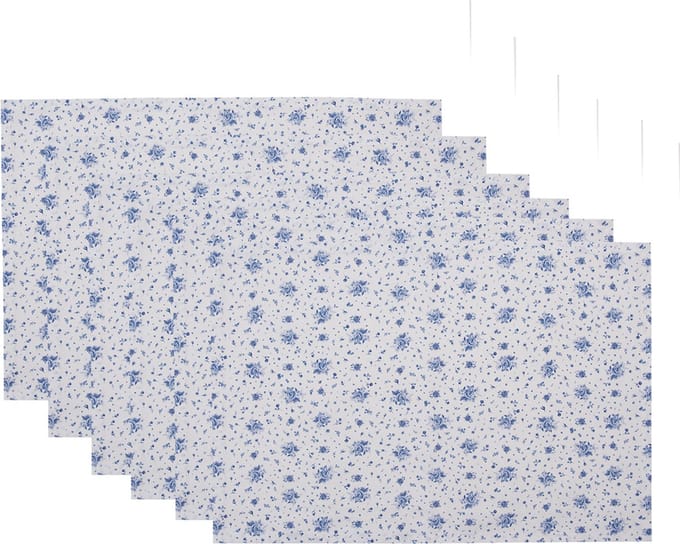 Clayre & Eef Placemats Set van 6 48x33 cm Wit Blauw Katoen Roosjes