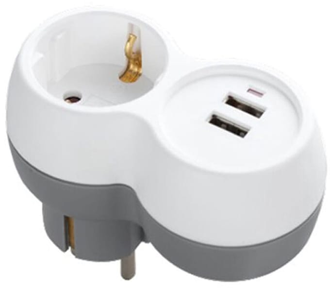 Technik Verdeelstekker met USB Horizontaal - 1-Voudig en 2x USB - Doorvoerstekker - Wit