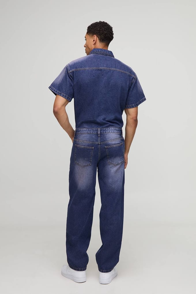 Short Sleeve Relaxed Tinted Denim Boilersuit | Pink | Size Medium