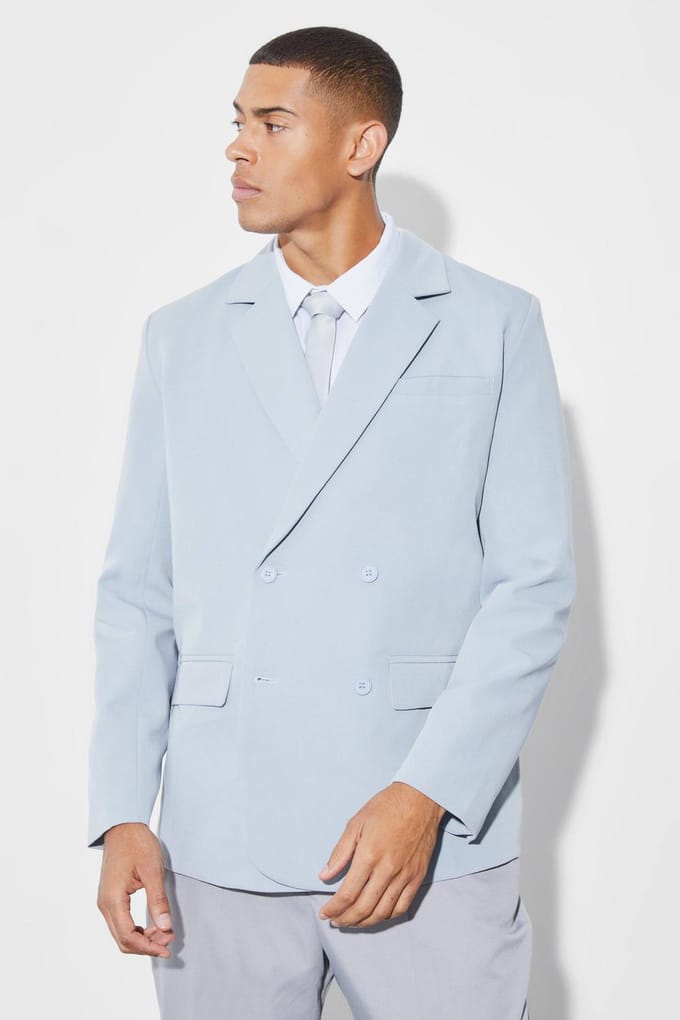 Relaxed Double Breasted Suit Jacket | Dusty Blue | Size 50