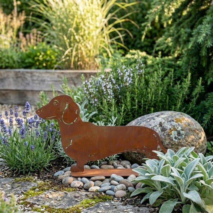Décoration de Jardin Figurine de Chien Teckel en Acier Corten H30,6 Cm