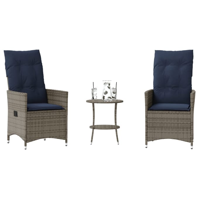 vidaXL - 3-delige - Bistroset - met - kussens - poly - rattan - grijs
