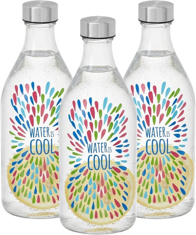Vivalto Waterfles / drinkfles Summer - 6x - glas - transparant - met RVS dop - 1000 ml