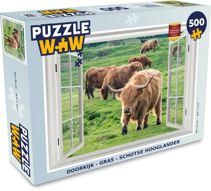 Puzzel Doorkijk - Gras - Schotse Hooglander - Legpuzzel - Puzzel 500 stukjes