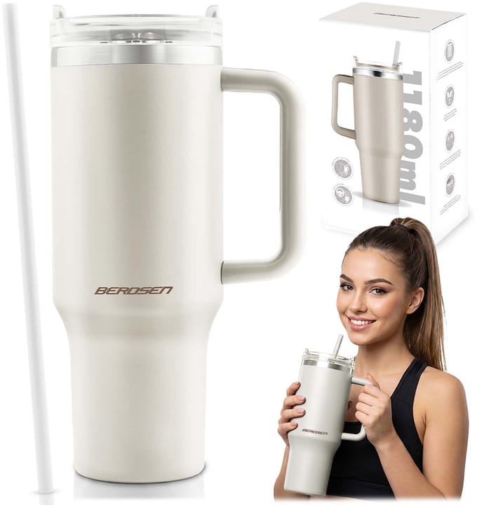 Berdsen - Thermosfles - Krem - 1180 ml - Met Rietje - Dubbelwandig