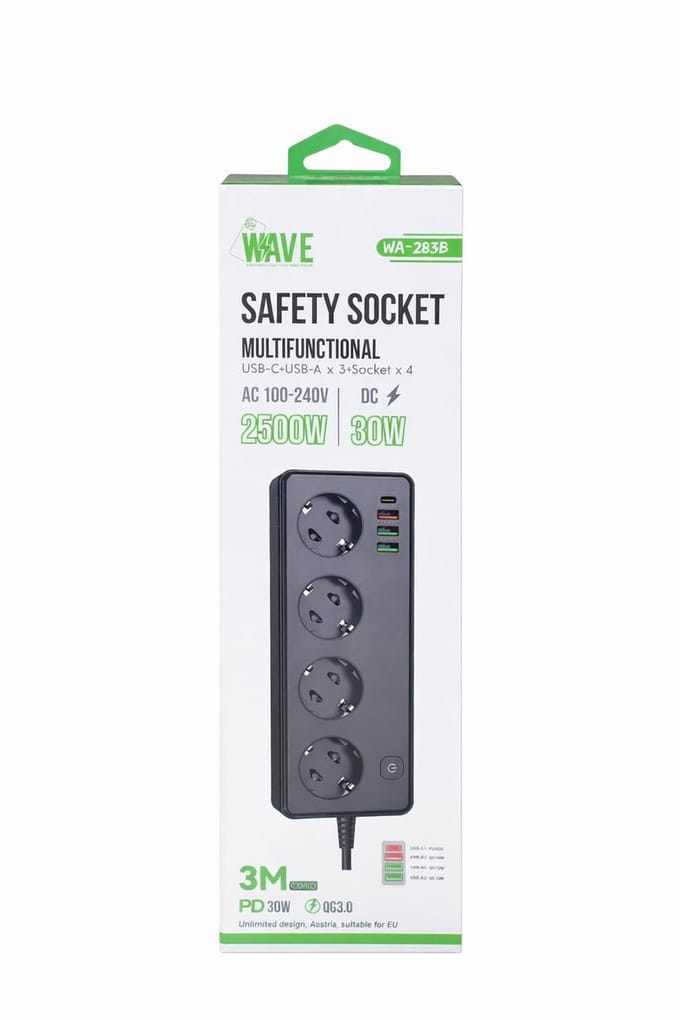 WAVE - Stekkerdoos met USB – 4-voudig Stopcontact + 3x USB-A & 1x USB-C – Met Schakelaar – Zwart