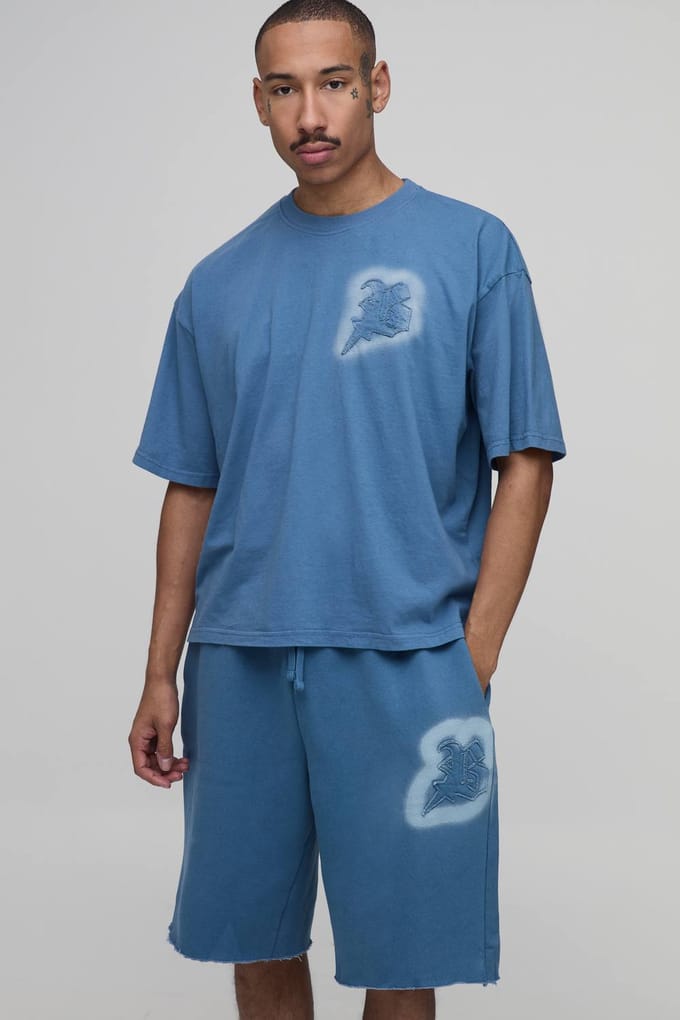 Oversized Boxy T-shirt En Short Set Met B Applicatie En Washed Afwerking | Blue | Size Medium