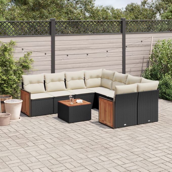 vidaXL - 9-delige - Loungeset - met - kussens - poly - rattan - zwart