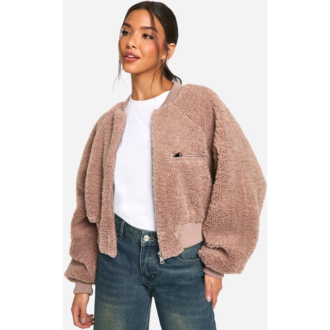 boohoo Dames Rib Teddy Bomberjas | Mushroom | Maat: 14