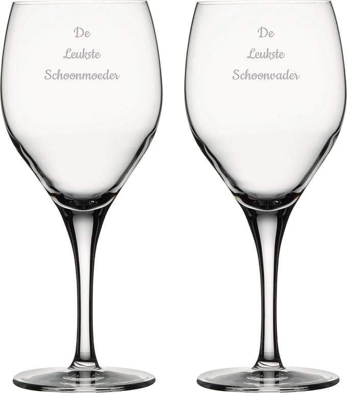 Gegraveerde Rode wijnglas 42,5cl De Leukste Schoonvader-De Leukste Schoonmoeder