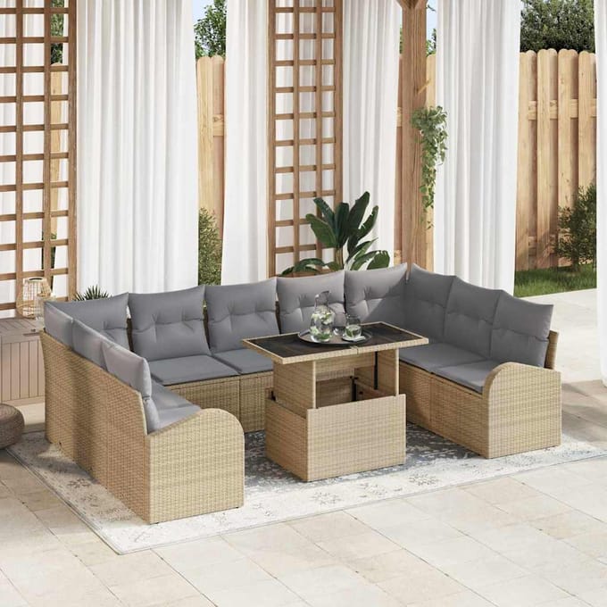 vidaXL Tuinbank Set met kussen met opslag 10 pcs Beige Poly rattan