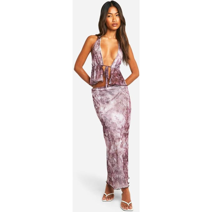 boohoo Dames Midaxi-rok met slangenprint van mesh, lage taille | Violet | Maat: 36