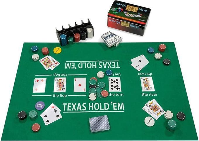Pokerset Compleet - 200 Chips 4 gram - Speelkleed - 2 Kaartenstokken - Dealer & Blind Buttons - Tinnen Doos - Engelhart
