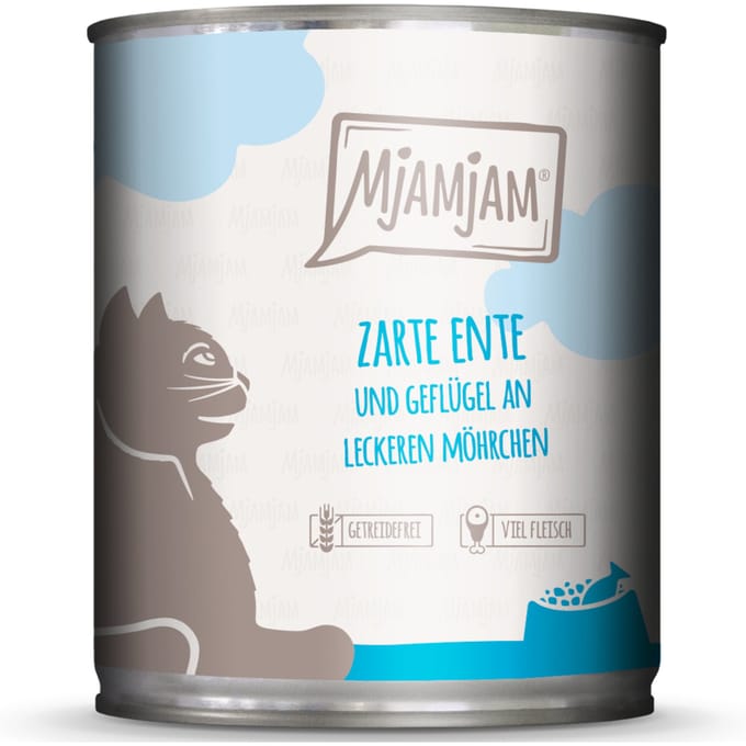 MjAMjAM 6 x 800 g Kattenvoer - malse eend en gevogelte op heerlijke wortelen