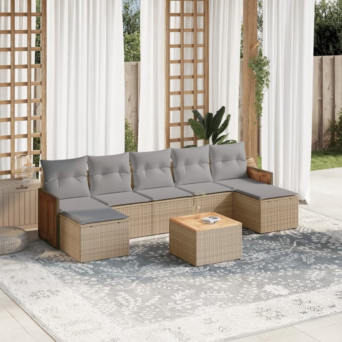 vidaXL - 8-delige - Loungeset - met - kussens - poly - rattan - beige