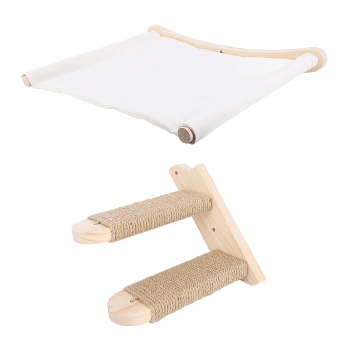Katten Hangmat voor aan de Muur met Trappen Houten Muurmeubel Kat Klimplank Stabiel Kattenmuurbed voor beige