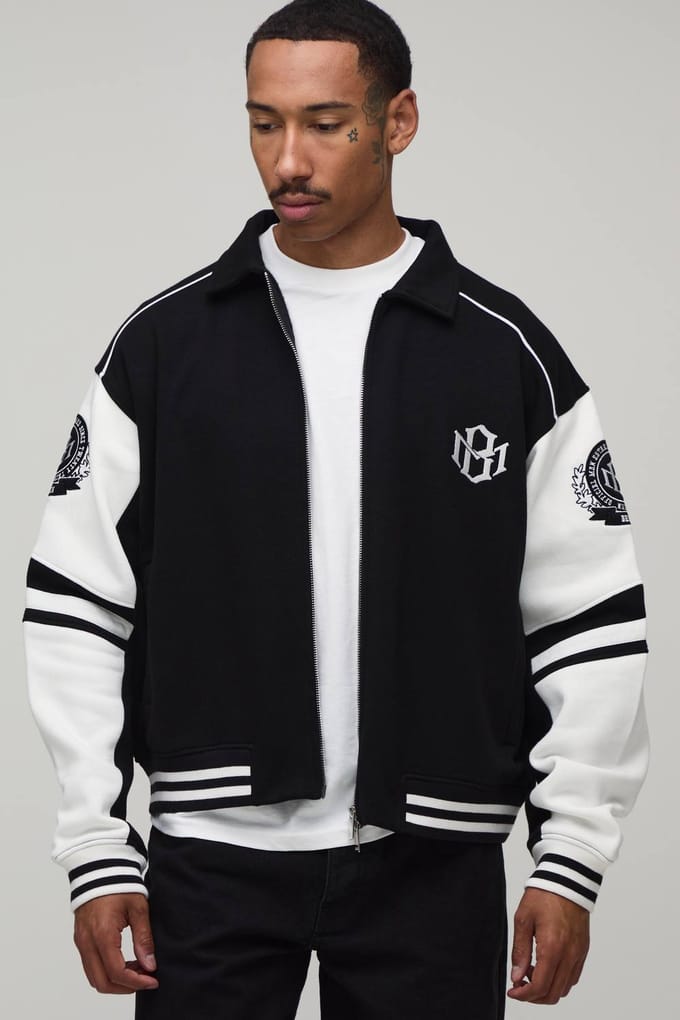 Boxy Fit Varsity Jack Met Kraag En Colour Block Design | Black | Size Small