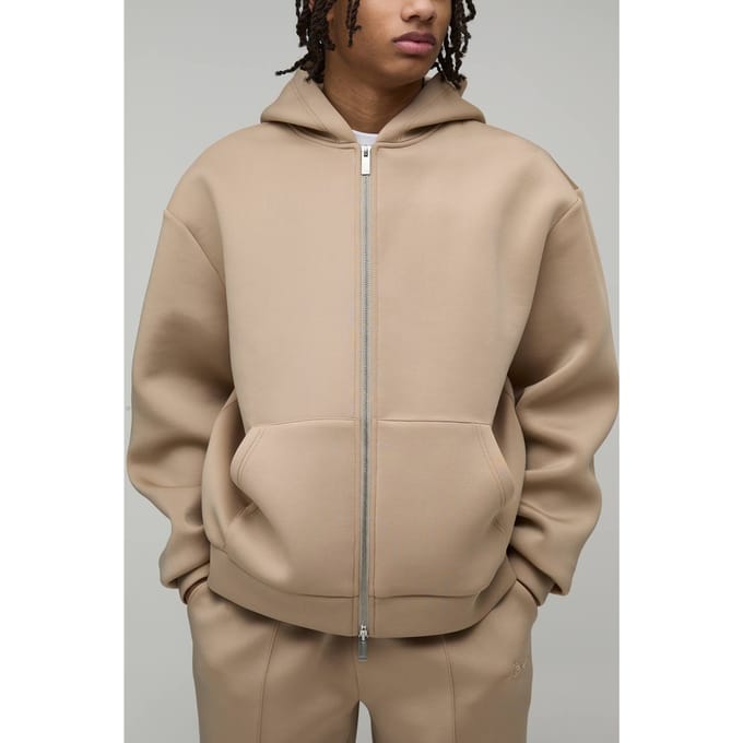 Oversized Boxy Bonded Scuba Zip Through Hoodie | Taupe | Size Medium