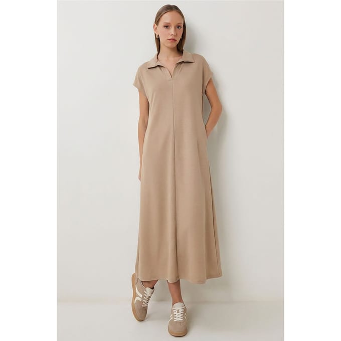 Polo-Kraag Pull-On Midi Jurk met Zak