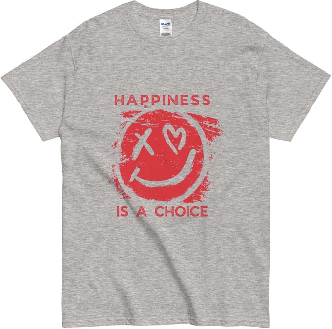 Grijs Tshirt met Rode Smiley en Tekst - Happiness is a Choice - Dames Heren - M